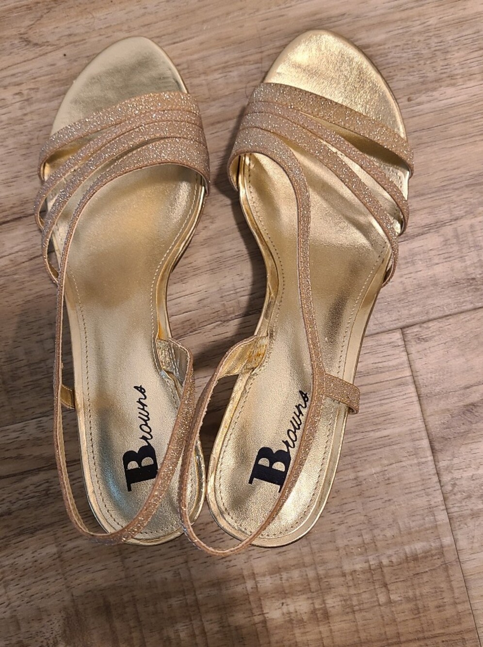 Browns Gold Metallic Glitter Strappy Slingback Heeled Sandals - Size 8M 💛
